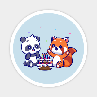 Cute Panda And Red Panda With Birthday Cake Cartoon Magnet